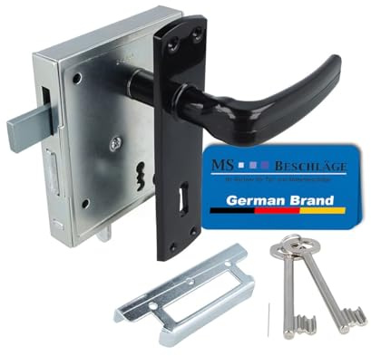 MS Beschläge Universal Kastenschloss verzinkt mit hebender Falle - 60mm Dornmaß, 55mm Entfernung, + Schließblech, schwarzem Drückerpaar & Kurzschild - Aufschraubschloss DIN li/re (Buntbart)