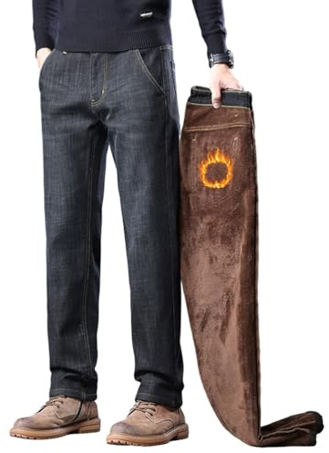 Oanviso Hombre Jeans con Forro Polar Invierno Termico Pantalones Vaqueros Holgados Denim Cómodo Jean Moda Pantalone Elasticos Pantalón B Negro S