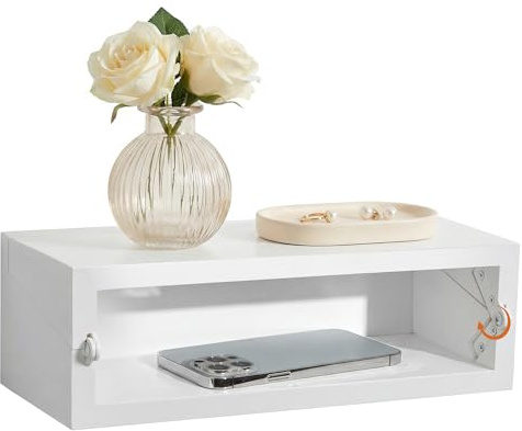 SUMGAR White Floating Bedside Table, Small Wall Mounted Shelf for Bedroom | Foldable Thin Nightstand, Solid Pine Wood, Slim Storage Organiser, Space Saving, Modern Display Furniture for Living Room