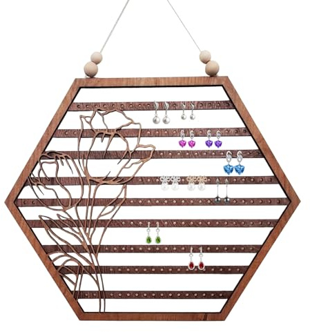 Organizzatore di supporti per orecchini a sospensione – Costruzione in legno fatta a mano, forma esagonale, concetto di conservazione degli ornamenti da appendere, componente vetrina per gioielli