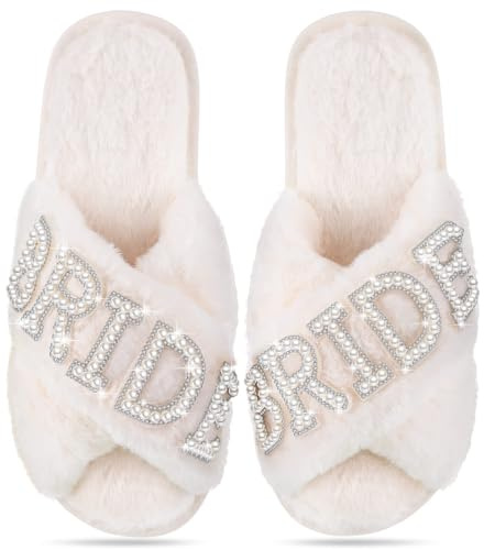 Pantuflas de novia mullidas, pantuflas de novia, zapatillas de novia suaves de piel sintética cruzadas para boda, elegantes zapatillas de novia con perlas antideslizantes cómodas zapatillas de boda