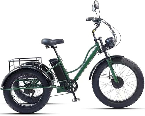 GCLCPAEN Tricycle Électrique pour Adultes,Pneus Larges De 24 Pouces,Tricycle Tout-Terrain pour Adultes,avec Grand Panier,Écran LCD,Phares,Capacité De Charge De 200Kg,Conduite sans Effort,Vert Foncé