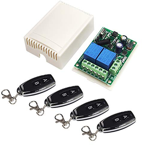 QIACHIP 110V 120V 220V Wireless RF Remote Control Relay Switch Universal 2-Channel 433MHz Receiver with 4 pcs Transmitters for Garage Door Openers, Cars, LED Lights & More (KR2202)