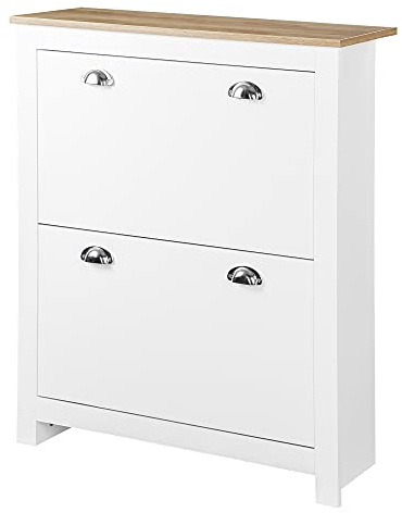 HOMCOM Meuble à Chaussures 12 Paires, Armoire à Chaussures étroite avec 2 tiroirs rabattables et étagères réglables, poignées coquilles métal, pour Couloir, entrée, 79 x 23 x 90,5 cm, Blanc et chêne