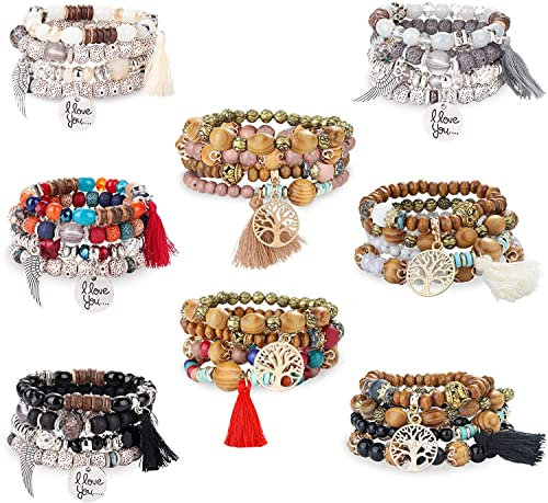LOLIAS 8 Sets Bohemian Stapelbare Perlenarmbänder Stretch Tree of Life Armband Spiralarmband für Damen Mehrschichtige Armband Armreifen Set Mode Perlen Schmuck