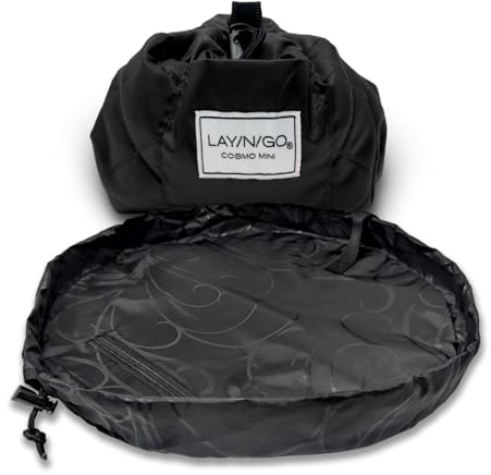 Lay-n-Go Cosmo Layflat Drawstring Cosmetic & Makeup Bag Organizer w/Zipper Pocket, Brush Loops & More, Cinch to Close, Lay Flat to Use, Durable, Machine Wash, Travel Toiletry Bag (16, Black)