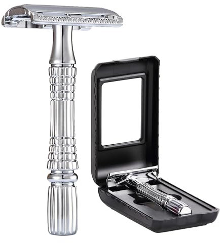 BAILI Rasoio di sicurezza a doppio bordo antiruggine riutilizzabile manuale in acciaio DE rasatura a umido per uomini donne con custodia da viaggio a specchio BD176B