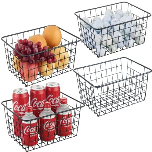 JUNCHU CHERRY Wire Kitchen Storage Basket 4 Packs,Perfect Pantry Organization Accessories Basket,Laundry Baskets,Countertop Organization,Suitable for Kitchen,Bathroom,Bedroom,Tabletop,Stackable,Black