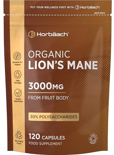 Lions Mane Capsules 3000 mg | 120 Veganska Kapslar | Hericium Erinaceus | Ekologisk Lejonman Kosttillskott | Svamp Extrakt Tillägg Hög Dos | Mushroom Supplement | Horbaach