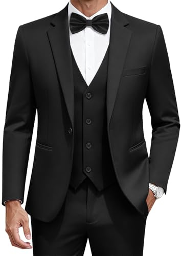 MAGE MALE Men's 3 Pieces Solid One Button Suit Elegant Slim Fit Single Breasted Party Tuxedo Blazer Vest Pants Set Black