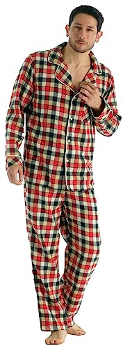 Bogari Mens Check Pyjama 2 Piece Set Brushed Cotton Flannel Warm and Comfortable Designed in Italy, Red Check ZA04, L