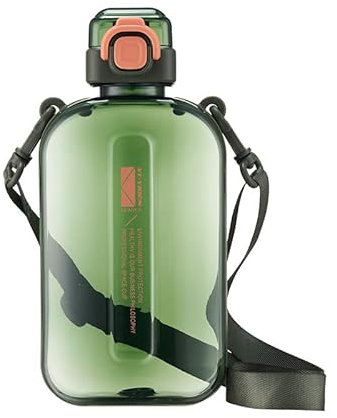 750ml Flache Trinkflaschen, Outdoor Sport Wasserflasche mit Ein-Klick-Öffnen Auslaufsicherer Kappe, Reiseflasche mit Zeitmarkierung und Trageriemen für Sport, Reisen und Fitness (Grün)
