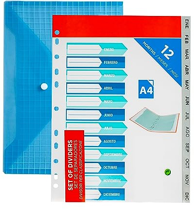 Separadores plastico a4 (12 meses) incluye sobre. Carpeta 12 separadores din a4 organizador de folios y fundas mensuales. Pack 12 separadores color gris. Separadores para archivadores 2 y 4 anillas