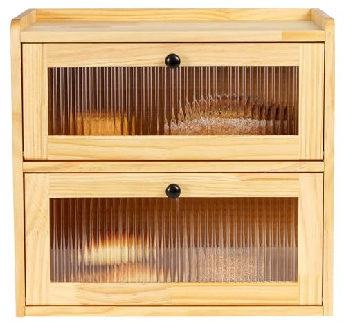 Sunhoo Bread Box for Kitchen Countertop Wooden Bread Storage Container Bin 2 Layer Breadbox Holder Large Capacity Keeper Vintage Farmhouse Food Organizer Pantry Shelf Acrylic Window（Wood color）