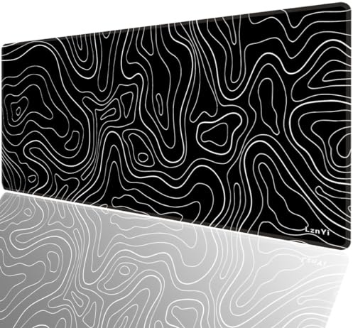 LznYi Tapis de Souris XL 600 x 300 mm – Grand Tapis de Bureau & Gaming, Base antidérapante, Bords Cousus, Surface Lisse et imperméable pour Clavier & Souris, 60x30 TopoBlack02
