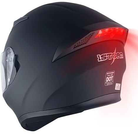 1Storm Motorcycle Street Bike Dual Visor/Sun Visor Full Face Helmet Mechanic with LED Tail Light: Matt Black