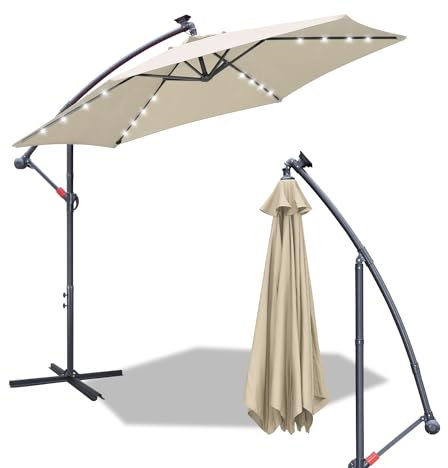 Fiqops Sonnenschirm LED Solar Ø 300 cm Beige mit Kurbel| Alu Ampelschirm mit Ständer | Gartenschirm Sonnenschutz UV-Schutz Aluminium | Kurbelschirm Marktschirm wasserdicht für Garten