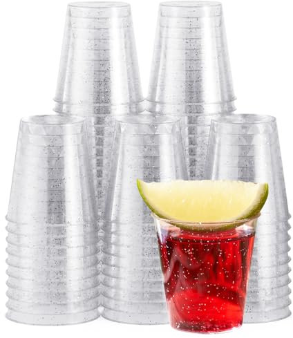 MATANA 60 Schnapsgläser aus Plastik mit Silberglitzer, 3cl - Pinnchen Kunststoff, Shotgläser, Shot Becher, Schnapsbecher, Plastikbecher - Party Zubehör - Stabil & Mehrweg