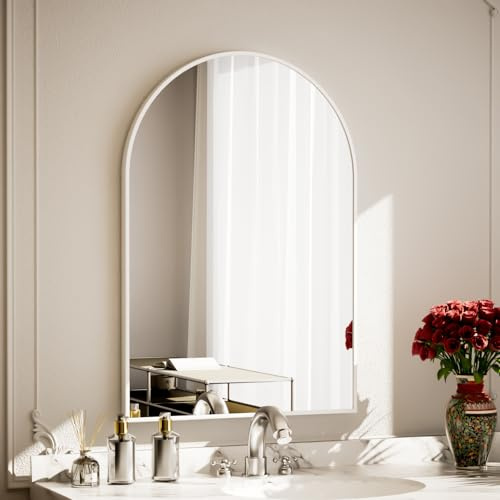 Koonmi Spiegel Weiß 51×76cm Dekorative Wandspiegel Bogen Halbkreisförmig Spiegel, Weiß Wandspiegel Badspiegel mit Aluminiumrahmen für Badezimmer Flur Wohnzimmer, Schlafzimmer
