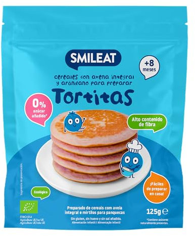 Smileat - Preparado para Tortitas de Avena Integral y Arándano - Con Vitamina B1 - Sin Azúcar Añadido - Fáciles de Hacer - Para Peques a Partir de 8 Meses - 125g