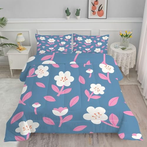 Linfye Bettdecke 155x220 4 Jahreszeiten Blau-Rosa Blume Bettbezug Ganzjahresdecke 155x220 Bettdecke Waschbar Bettdecke Ohne Bezug Nutzbar Mikrofaser Steppdecke Schlafdecke BC139