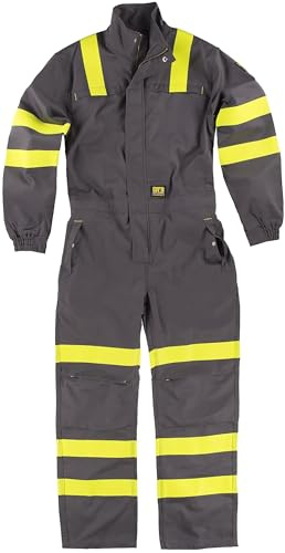 WORKTEAM C5096 Buzo o Mono Ignífugo, Antiestático con protección para Soldadura y Arco Eléctrico, Visibilidad Realzada, Cintas Fluorescentes Amarillas y Triple Costura. Unisex Gris L