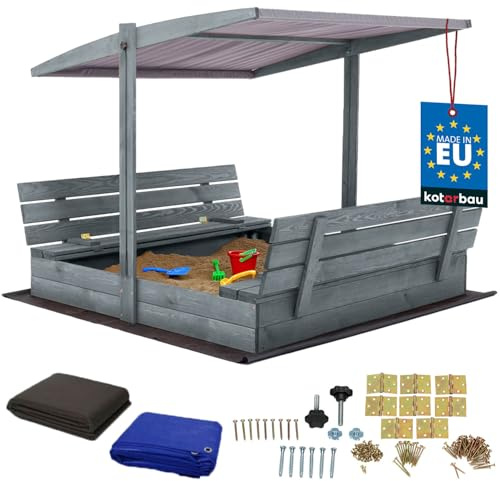 KOTARBAU® Sandkasten mit Dach 140 x 140 cm, Sandkiste aus Holz, Grau