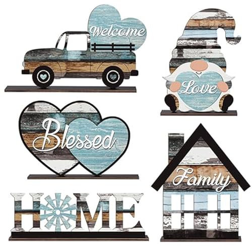 Bekecidi 5PCS Rustic Multicolored Wooden Table Sign Decorations Freestanding Welcome Home Sign Cute Dwarf Car Love Vintage Farmhouse Table Decorfor Home & Shelf