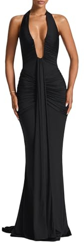 ABYOVRT Women Deep V Neck Ruched Maxi Dress Sleeveless Halter Gown Cocktail Evening Formal Dresses (Black,L)