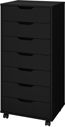Panana 5/7 Drawers Chest, Mobile File Cabinet with Wheels Storage Organiser Chest Home Office Dresser Cabinet Side Filing Cupboard (Black, 7 Drawers)