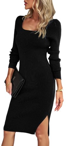 HUXRAKV Vestido de Punto para Mujer, Cuello Cuadrado, Mangas Largas, Color Sólido, Corte Favorecedor, Midi Vestido Suéter para Otoño e Invierno,WD41-Negro, L