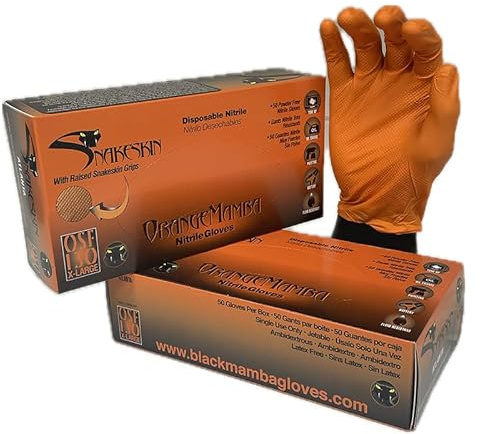 Orange Mamba Snakeskin | Industrial Strength Disposible Nitrile Gloves | Diamond Textured Grip | Latex and Powder Free | 8 mil Thickness | Size - L