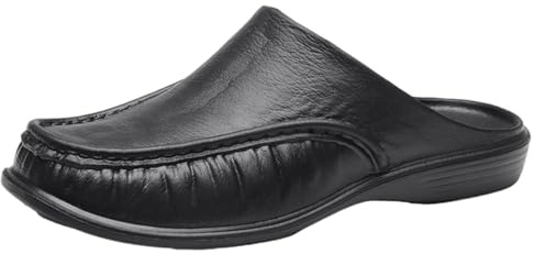 Mens Orthopedic Leather Clogs Breathable Slip on Mules Slippers Men Casual Modern Wide Fit Flat Trainers Arch Support Large Size Walking Shoes Backless Indoor Outdoor Sandals