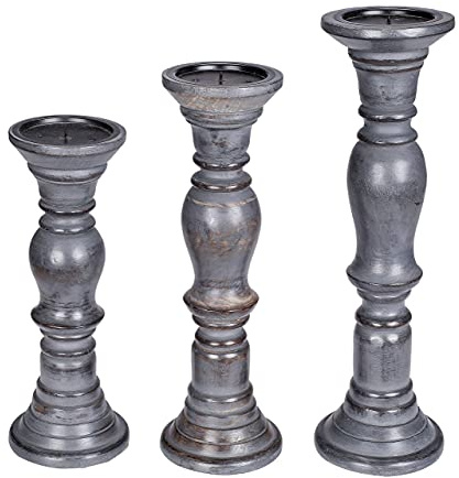 Wooden Pillar Candle Holders Set of 3 – Rustic Dark Grey, Heights 16, 14, 12 – Decorative Candle Stands for LED & Pillar Candles – Perfect for Weddings, Parties, Home Decor, Spa & Gifts