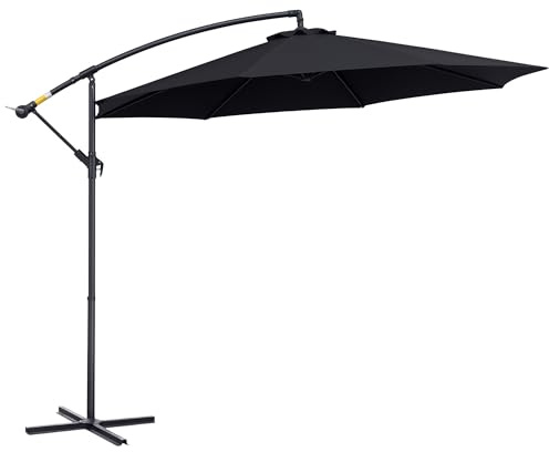 Outsunny Sombrilla de Jardín Ø295x250 cm Parasol Excéntrico Inclinable con Manivela Base Cruzada y Soporte de Metal 8 Varillas para Terraza Exterior Balcón Negro