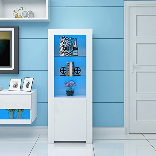 Panana High Gloss Tall Display Cabinet Wood Cupboard Sideboard Free Standing Storage Unit with Glass Shelves Door Blue LED Lights Living Room (White)