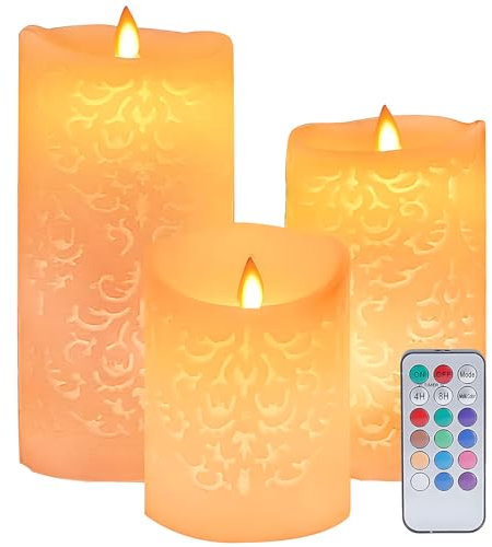MULEVIP LED Kerzen 3 Stück Flammenlose Kerzen mit Fernbedienung Timerfunktion,Hohl geschnitztes Muster Echtwachskerzen,für Nachtlichter Hochzeit Kirchen Geburtstag Hochzeit Wohnkultur Party,12 Farben