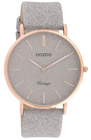 Oozoo Damen Vintage Armbanduhr mit Glitzer Lederband 40 MM Rose/Silbergrau/Silbergrau C20162
