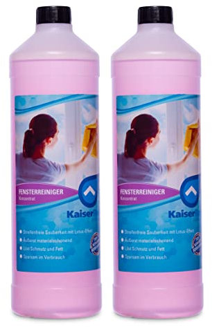 KaiserRein Fensterreiniger Konzentrat mit Lotuseffekt 2x 1L - Professioneller Fensterreiniger für streifenfreien Glanz auf Glas, Fenstern und Spiegeln - Fenstersauger geeignet