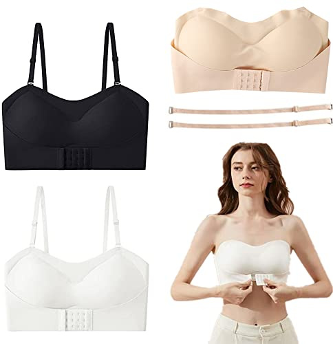 Damunderkläder axelbandslös lyftbh med frontspänne, trådfri anti-halk osynlig push-up bandeau bh med avtagbara remmar (L, Beige)
