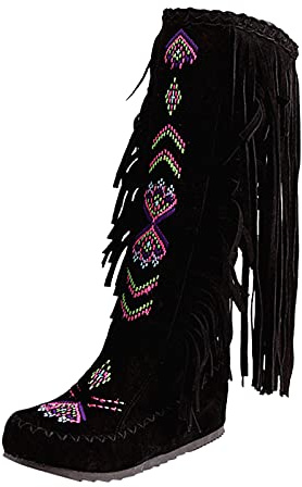 QWUVEDS High Heels Platform High Heels Black High Heels Sexy Flock Long Style Boots Fashion Woman Tassel Chinese Flat High Women Nation Heels Fringe Knee Boots Women's Boots Women's Overknees, black,
