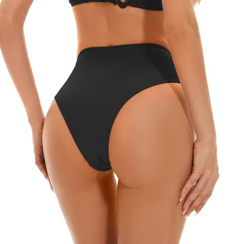 Kepblom Women's High Waisted Bikini Bottom - High Cut Cheeky Rave Bottoms for Beach, Swimming Pool, Rave Festivals, Black, M