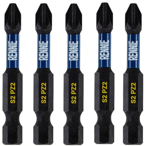 5 x Rennie Tools 50mm Long PZ2 Impact Screwdriver Driver Bits Set. Heavy Duty PoziDriv POZI No.2 Magnetic Screwdriver Bit Set. PZ2 Impact Driver Bits Pozidrive Screw Accessories. Black Oxide Coated…