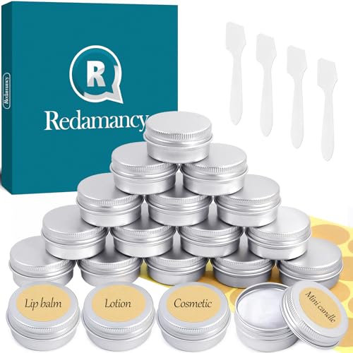 Redamancy 20 Pezzi Argento Lattina Alluminio, Barattoli Metallo, Contenitori Cosmetici con copri di Vite e etichette e Mini Spatola, per Candele Cosmetico Caramella Gadget Balsamo Labbra(20 ml)