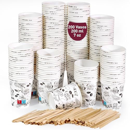 200 Vasos de Cafe Desechables 200 ml / 7 oz de Papel Cartón Blanco con Paletinas de Madera,Vasos de cartón Perfectos para Oficina, Hogar y Fiestas