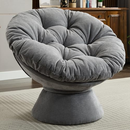 UPYOOE Upholstered Papasan Chair, 360 Swivel Chair with Chenille Soft Cushion, Comfy Round Swivel Accent Chair, Iron Frame Base, Outdoor Lazy Chair for Living Room, Bedroom, Balcony, Dark Grey