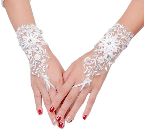 IYOU Mariage Mariée Gants Blanc Strass Dentelle Floraux Courts Sans Doigts Mariées Gant pour Femmes Promesse Parti