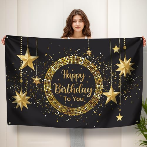 Koliphy Happy Birthday Banner, Geburtstag Deko Banner, Geburtstagsdeko für Männer Frauen, Handgehalten Stoff Geburtstagsbanner Dekoration für Drinnen und Draußen(Schwarz Gold)