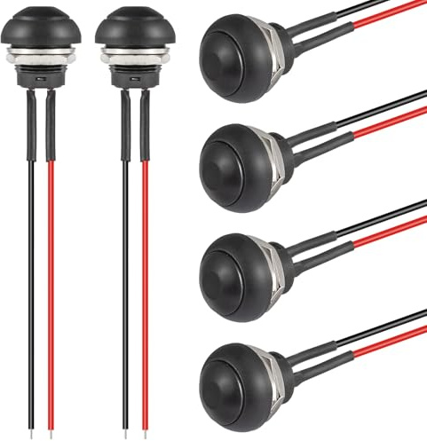 VEXUNGA Bouton Poussoir 12MM Etanche Interrupteur Noir Mini Rond Réinitialisation Push Boutons ON OFF Micro Momentané Electronique Commutateurs avec Fil (6 Pièces)