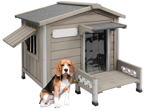 Gowoodhut Dog House Outdoor Weatherproof & Wooden Indoor Dog Kennel with Chew-Proof Iron Frame，Removable Floor, Recreational Steps and Adjustable Window, Easy Assembly(Gray,34 L × 28 W × 28 H)